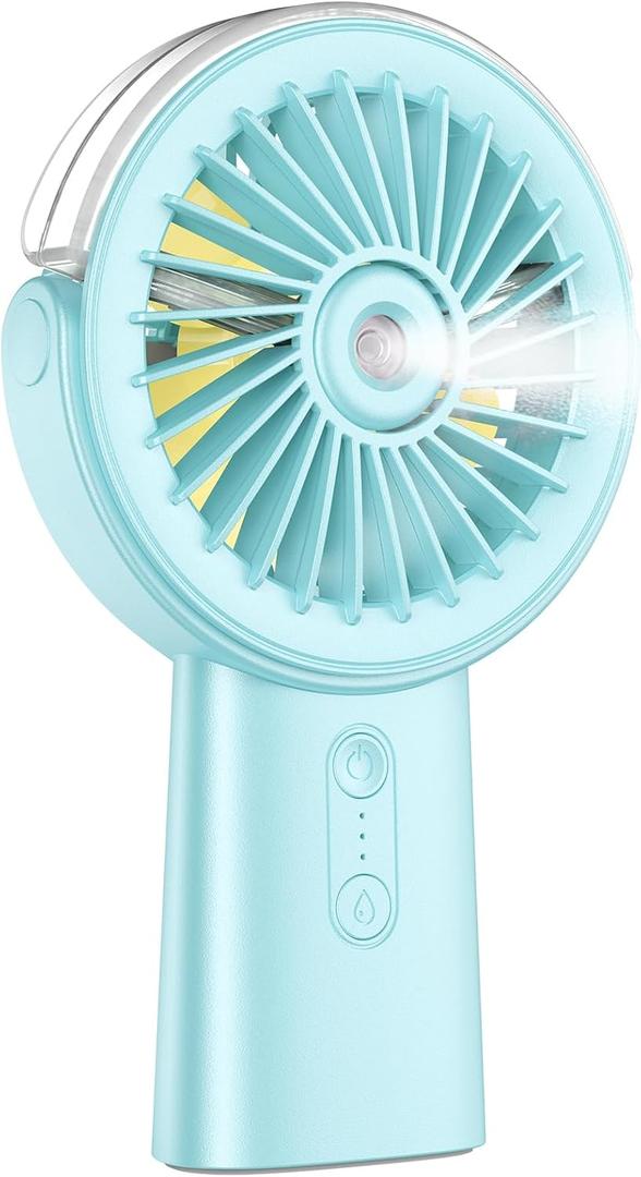 Otlonpe Rechargeable Handheld Portable Misting Fan, 4-15 Hrs Runtime, Small Personal Mist Portable Fan 4000mAh Battery Operated, Water Spray, 90 Rotatable, Power Bank, Hand Held Desk 2 IN 1 (Cyan) (Light Blue)