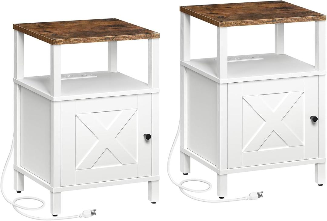 MAHANCRIS Set of 2 Farmhouse Nightstand with Charging Station, White Bedside Table with USB & Type-C Ports, End Table with Storage and Open Shelf, Night Stand for Bedroom, Rustic Brown ETRW96E01S2