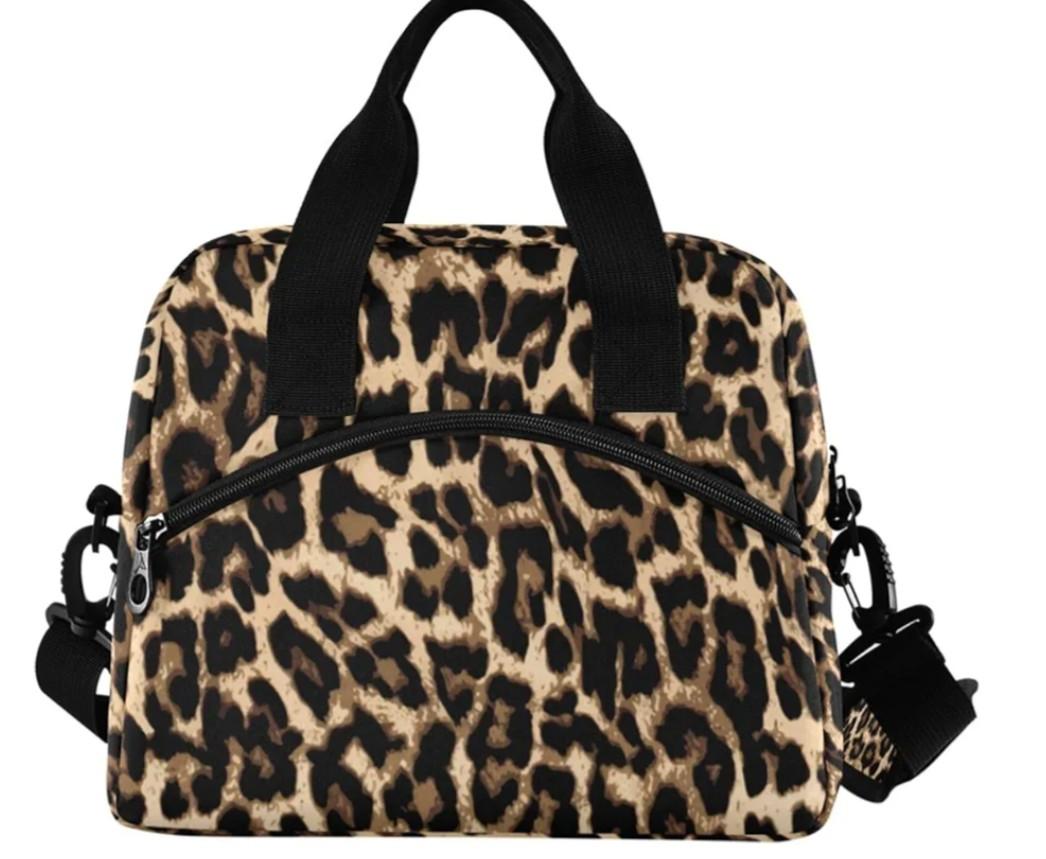 Leopard Print Insulated Lunch Bag Reusable Cooler Lunch Tote Box with Shoulder Strap for Work Picnic School Beach