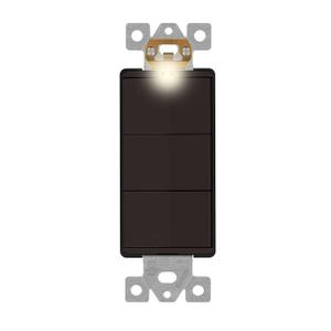 LIDER Minimalist Design Matte Finish Lighted Triple Switch, Combination Frameless Decorator Switch with Locator Light, Ground Terminal, Single Pole, 15A 120-277V, UL Listed, LCS3-1P-BR, Brown