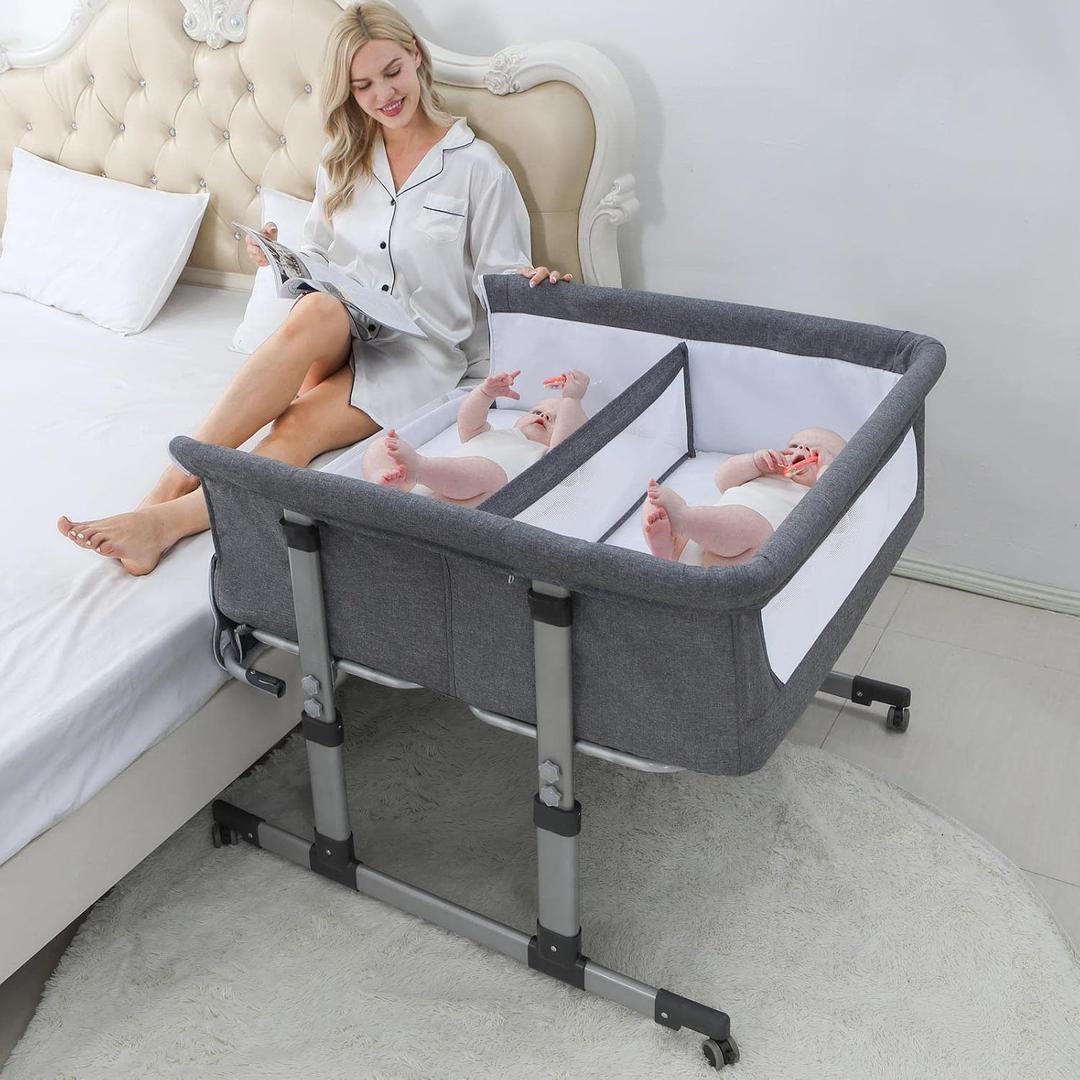 Ihoming Twin Bedside Bassinets for Baby, Adjustable Height Portable Crib with Wheels & Airflow Mesh, Infant Co Sleeper Bedside Crib Attaches to Bed, Light Grey, Twin XL