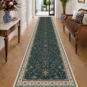 Hazo Haus Washable Dark Green Hallway Runner Rug 16 ft Long - 3x16 Modern Vintage Boho Long Wide Runner Rugs for Kitchen, Non-Slip Stain Resistant Low Pile Throw Rug Indoor Door Mat