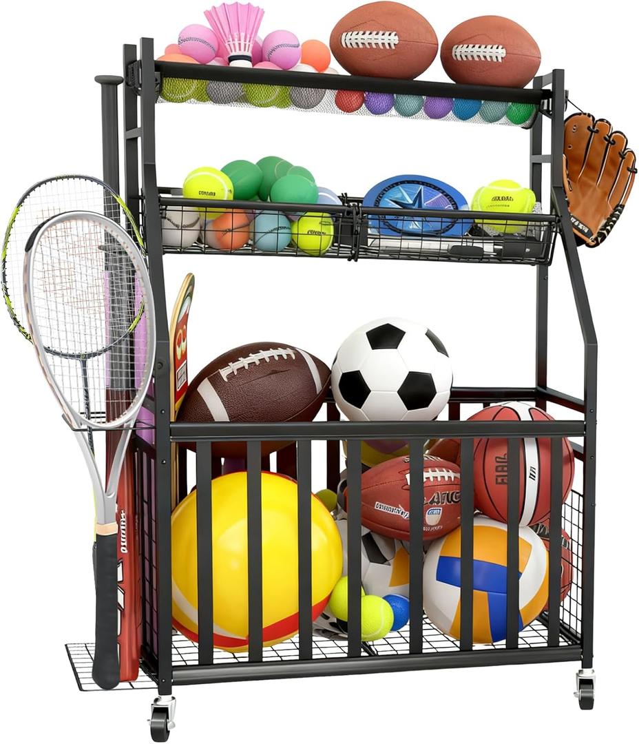Sports Equipment Garage Organizer, Indoor/Outdoor Sports Rack for Garage,Ball Storage Garage Organizer with Basket, Hooks and Wheels, Toy/Sports Gear Storage