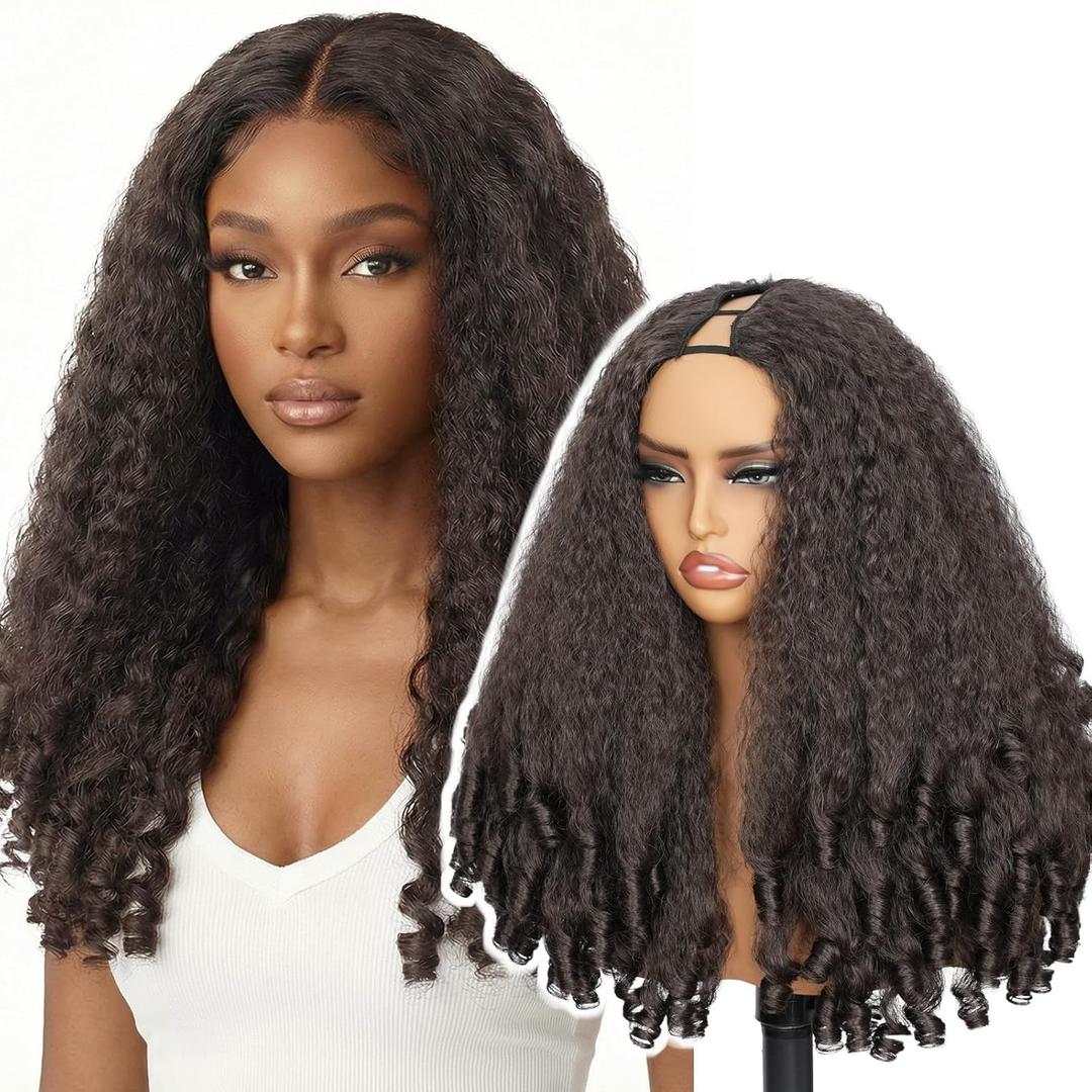 V Part Wig Afro Curly Wig, #4 24" Synthetic V Part Wig for Black Women, Kinky Curly V Part Wig with Curly Ends Wear and Go Glueless
