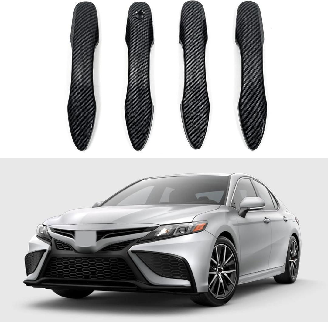 Door Handle Cover Trim Compatible with Toyota Camry 2018-2025 /Corolla 2019-2025 /Avalon 2019-2022 /Pruis Hatchback 2016-2024 Exterior Door Handle without Smart Key Hole Accessories Carbon Fiber Style