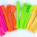 Neon Plastic Cutlery Set, 24 Guest Party Pack, Pink Orange Green Yellow, Multi-Purpose Party Supplies