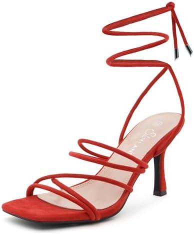 Shoe Land Women's Strappy Heels – Square Open Toe Lace-Up Heeled Sandals with Adjustable Ankle Wrap, Comfy 3-Inch Stiletto Dressy Evening High Heels for Wedding & Party Size:9.0