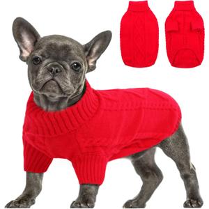 Queenmore Small Dog Pullover Sweater, Cold Weather Cable Knitwear, Classic Turtleneck Thick Warm Clothes for Chihuahua, Bulldog, Dachshund, Pug (Red, Medium)