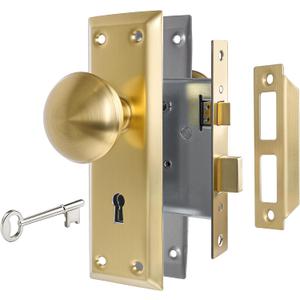Brushed Gold Mortise Lock Set for Interior Door, Antique Door Knobs with Lock and Skeleton Key, Satin Brass Door Knobs for Old Style Doors
