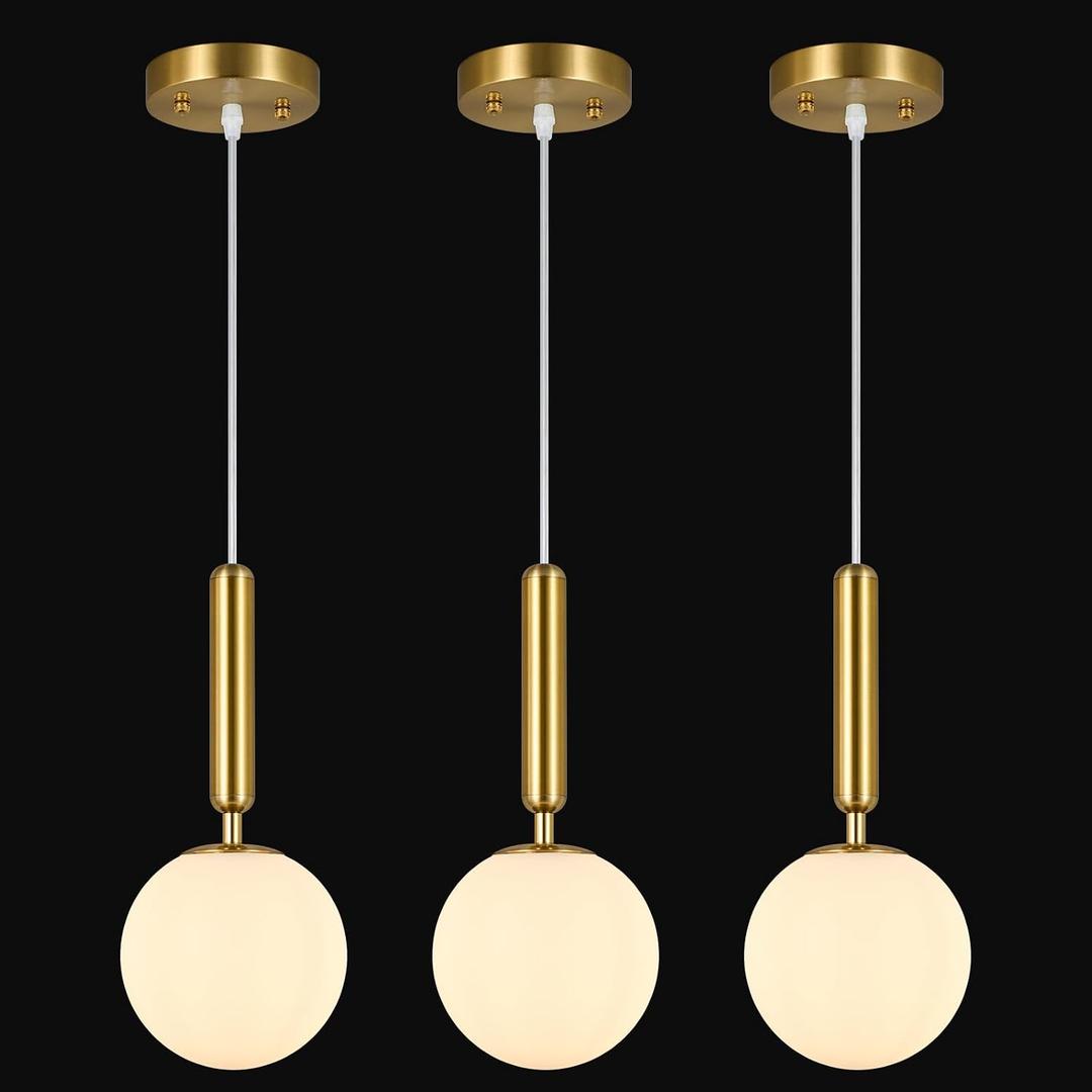 Modern Hanging Light Fixture Pendant Lighting for Kitchen Island Mid Century Gold Pendant Lights with Globe Milky White Glass Pendant Light for Bedroom Bathroom Entryway (3 Pack)