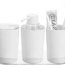 iDesign 4-Piece Bathroom Accessories Vanity Countertop-White/Clear Fluted Soap Pump Set with Tray