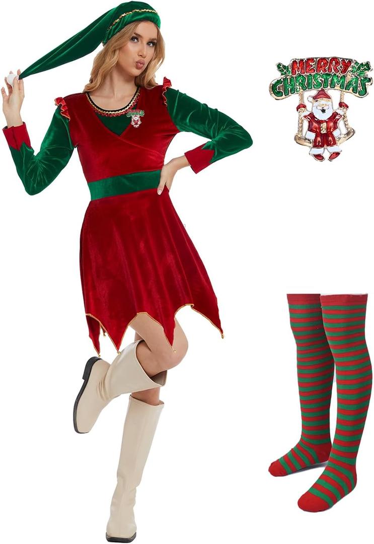 YIGMAW Elves Costume Women Adult Halloween Christmas Outfits for Women Cosplay with Brooch Socks (XL)