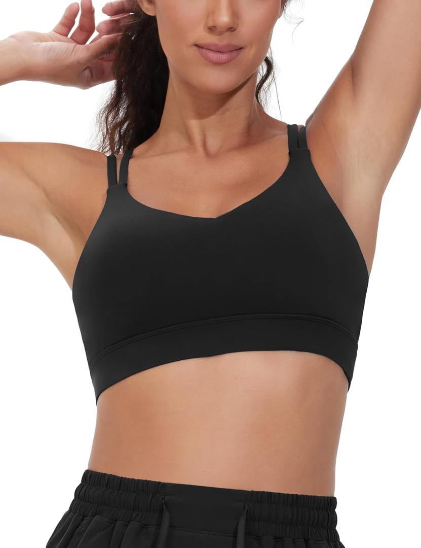 THE GYM PEOPLE Women's Double Spaghetti Strap Sports Bras Supportive Strappy Workout Bra with Padded (Black, M)