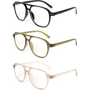 MMOWW 3 Pack Oversized Aviator Reading Glasses for Women Men Stylish Double Bridge Pilot Style Blue Light Blocking Readers, Black/Light Green/Champagne +1.0
