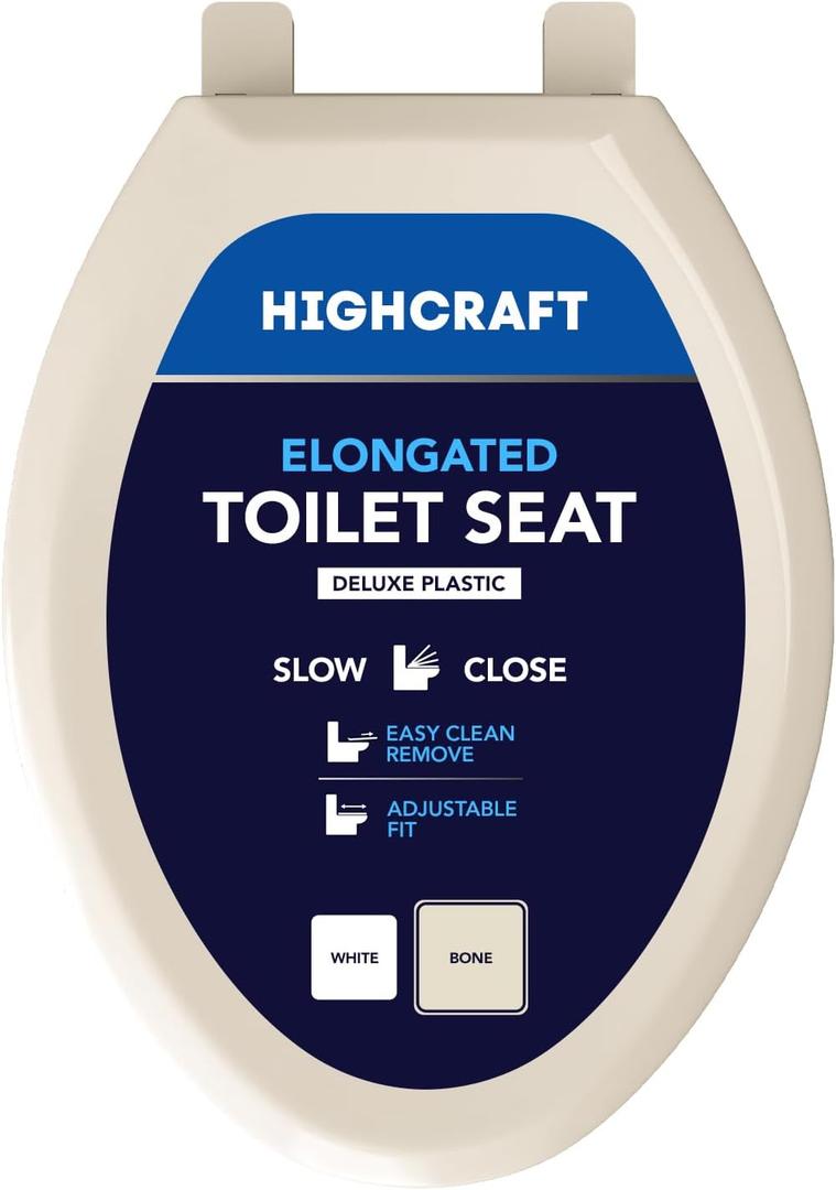 Highcraft B4TSPE Elongated Plastic Toilet Seat Slow Close ? Easy Remove, Bone