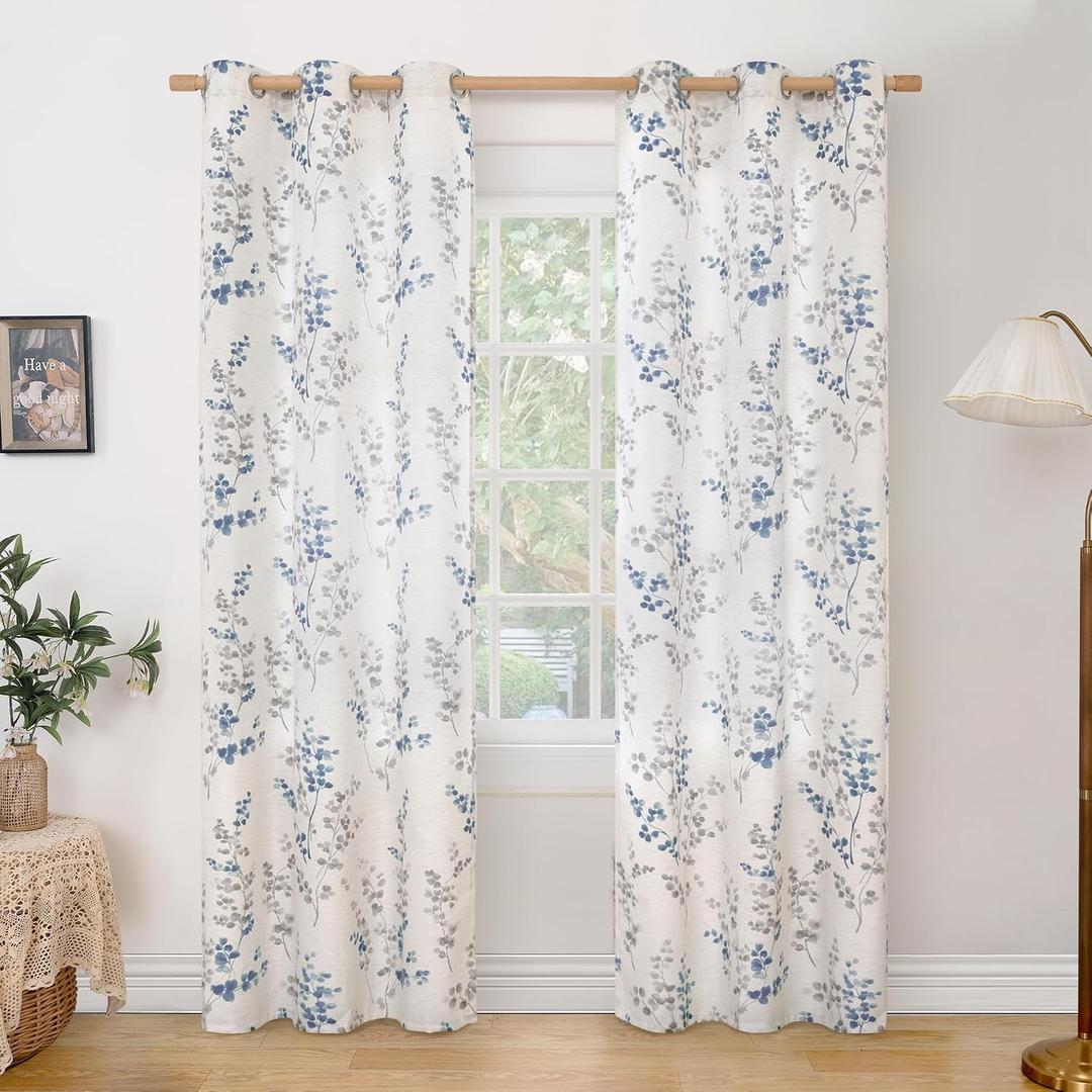 BGment Linen Curtains for Living Room 84 Inch Length 2 Panels Set Floral Leaf Patterns, Light Filtering Privacy Window Curtains for Bedroom Boho Farmhouse Vintage, Each 42 Inch Wide, Navy