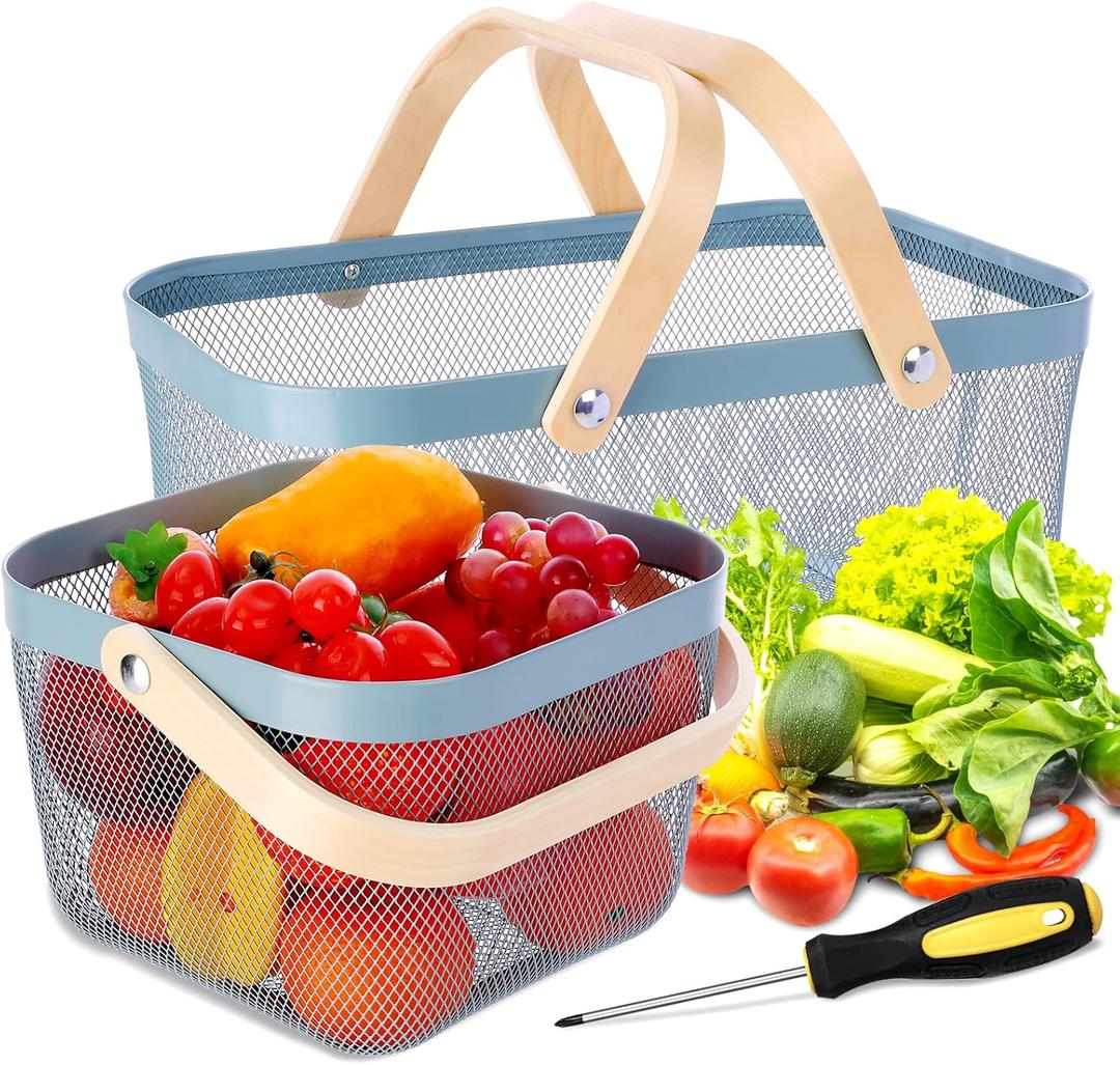 Dualshine 2 Pack Garden Harvest Basket, Metal Mesh Wire Picnic Basket with Handle, Rectangle Garden Baskets for Gathering Vegetables, Fruits, Kitchen, Home Cabinet Closet and Office(Blue)