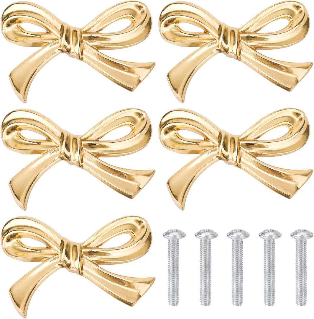 Gosknor 5pcs Bow Shape Cabinets Knobs, Brass Vintage Gold Cabinet Pulls Decorative Bow Dresser Handle for Home Kitchen Dresser Cupboard Wardrobe Drawer Pulls