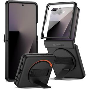 SURITCH for Samsung Galaxy Z Flip7 Case with 360 Rotatable Hand Strap Phone Grip Holder & Invisible Kickstand & Screen Protector, Protective Cover for Flip 7 -Black