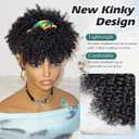 Black Afro Headband Wig Kinky Curly Headband Wig with Bangs Head-Wrap Wigs 2 in 1 Afro Puff Wig With Bangs for Women Synthetic Half Wigs (Yellow Huabu-Black)