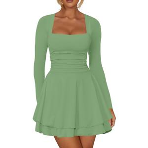 Kaximil Women's Square Neck Ruffle Hem Mini Dress Ruched Waist Long Sleeve Corset Short Party Dresses (X-Large, Pea Green)