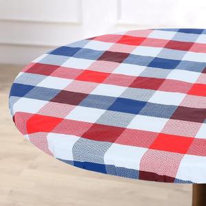Fitable Independence Day Fitted Table Cover Round, Blue and Red - Waterproof Checkered Elastic Tablecloth Flannel Backed Gingham Table Cloth for Outdoor Picnic Dining (Fit for 36"-44" Round Tables)