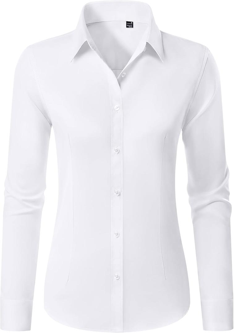 Gleeivy Button Down Shirts for Women Stain Wrinkle Free Dress Formal Shirt Classic Fitted Casual Cotton Button Up Long Sleeve White Collar Business Button Blouse Work Server Interview, Small