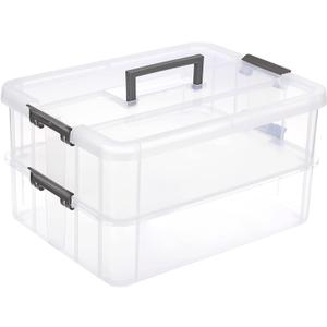 JUXYES 2-Tiers Stack Carry Storage Box With Handle, Transparent Stackable Storage Bin With Handle Lid Latching Storage Container for School & Office Supplies