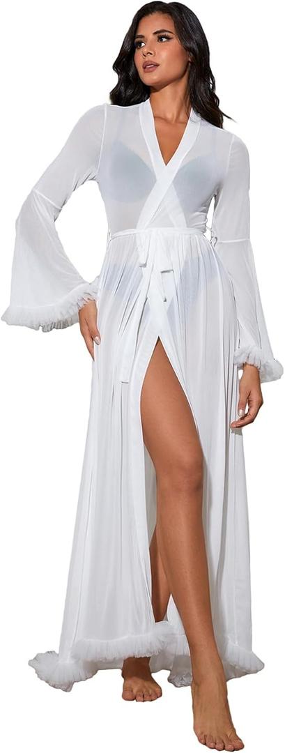 OYOANGLE Women's Ruffle Trim Long Sleeve Belted Sheer Mesh Wedding Bride Robe Nightgown (Large, White)