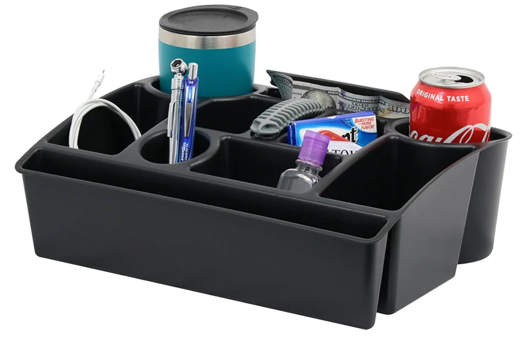 Vehicle Seat Organizer Car Storage Caddy with Carrying Handle, 2 Large Cup Holders, 10 Compartments, Hidden Extra Storage, Fits Most Vehicles, Made in USA from Recycled Plastic