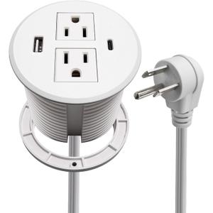 Desk Power Grommet USB C Total 30W, PD Fast Charge Desktop Power Strip 2 Outlets 2 USB Ports Recessed Flat Plug Extension Cord Mount into Countertop Shelf Cabinet End Table. (White)