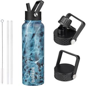 BJPKPK Insulated Water Bottles with Straw Lid, 40oz Stainless Steel Water Bottles with 3 Lids, BPA Free Leakproof Thermo, Tumblers, Cups for Sports, Gym- Ocean