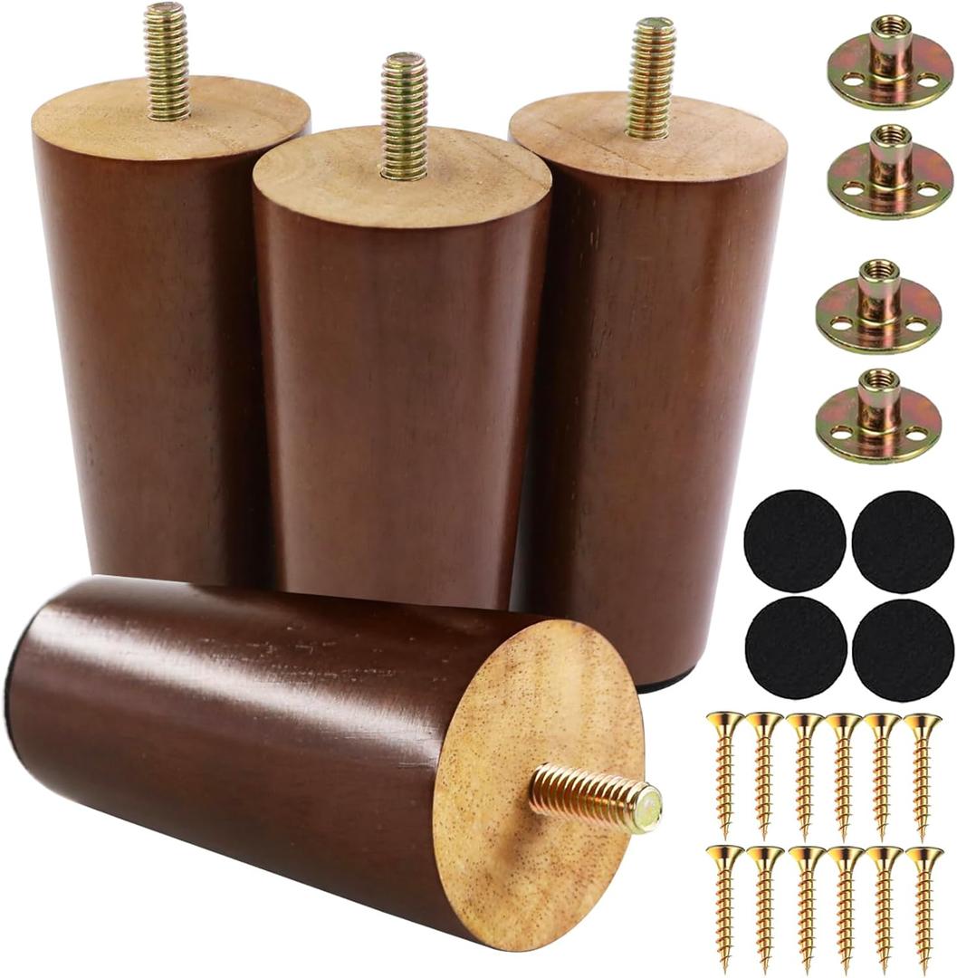 4 Inches Round Solid Wood Furniture Legs Set of 4, Brown Wooden Replacement Feet with Threaded 5/16'' Hanger Bolts for Sofa, Couch, Armchair, Cabinet, TV Stand, Ottoman and Dresser