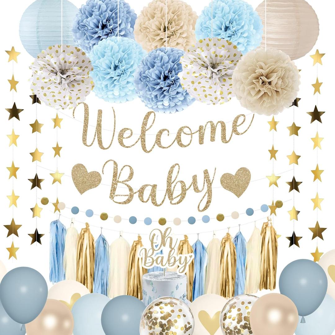 Amandir Dusty Blue Boy Baby Shower Decorations Welcome Baby Banner, Cake Topper, Paper Lantern, Light Blue Balloons, Pom Poms Flowers Tassels, Circle Dots Star Garland, Birthday Party Supplies