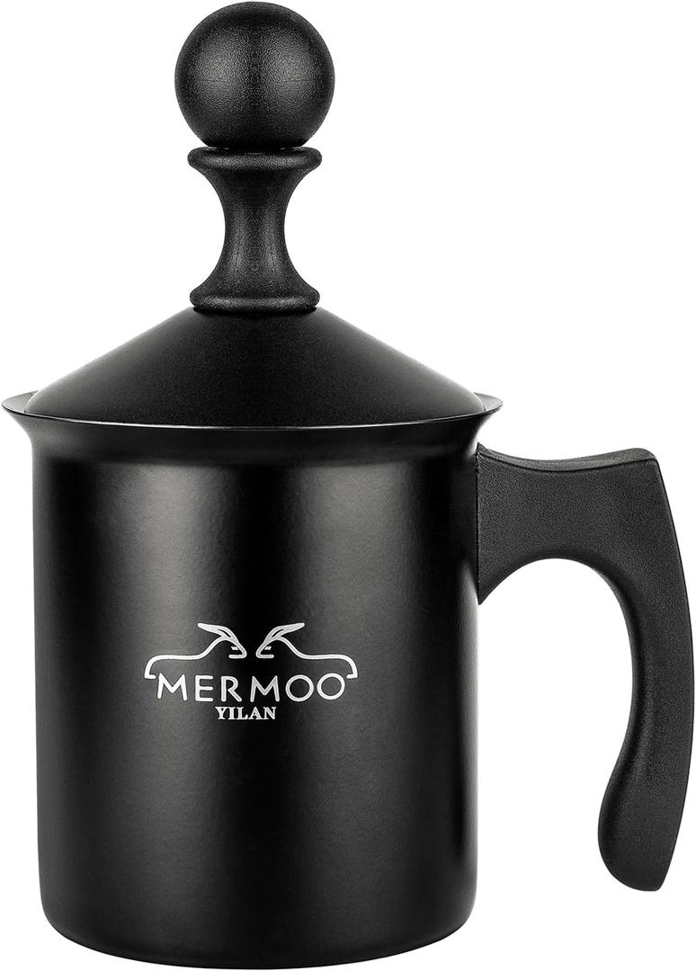 Milk Frother 14oz (400ml) Non electricEasy to Clean, Can Warm Milk Directly, Also for cold milk, Make Creamer Milk, For Latte, Cappuccinos, Perfect for Camping, Travel, Home (Black)