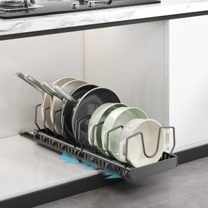 Pots and Pans Organizer Under Cabinet, Pull Out Pots and Pans Organizer, Expandable Sliding Lid Holder and Pan Rack for Pot Lid, Bakeware, Dishes, 10 Adjustable Dividers (Black)