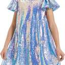 Girls Sequin Dress Shiny Short Flutter Sleeve Midi Sparkly Party Dress with Hairbow (Small, Blue)
