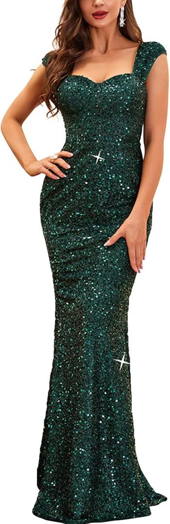Madam Uniq Formal Dress Sequin Fishtail Sleeveless 1920s Gatsby Cocktail Prom Elegant Maxi Evening Gowns for Women (Large, Green)