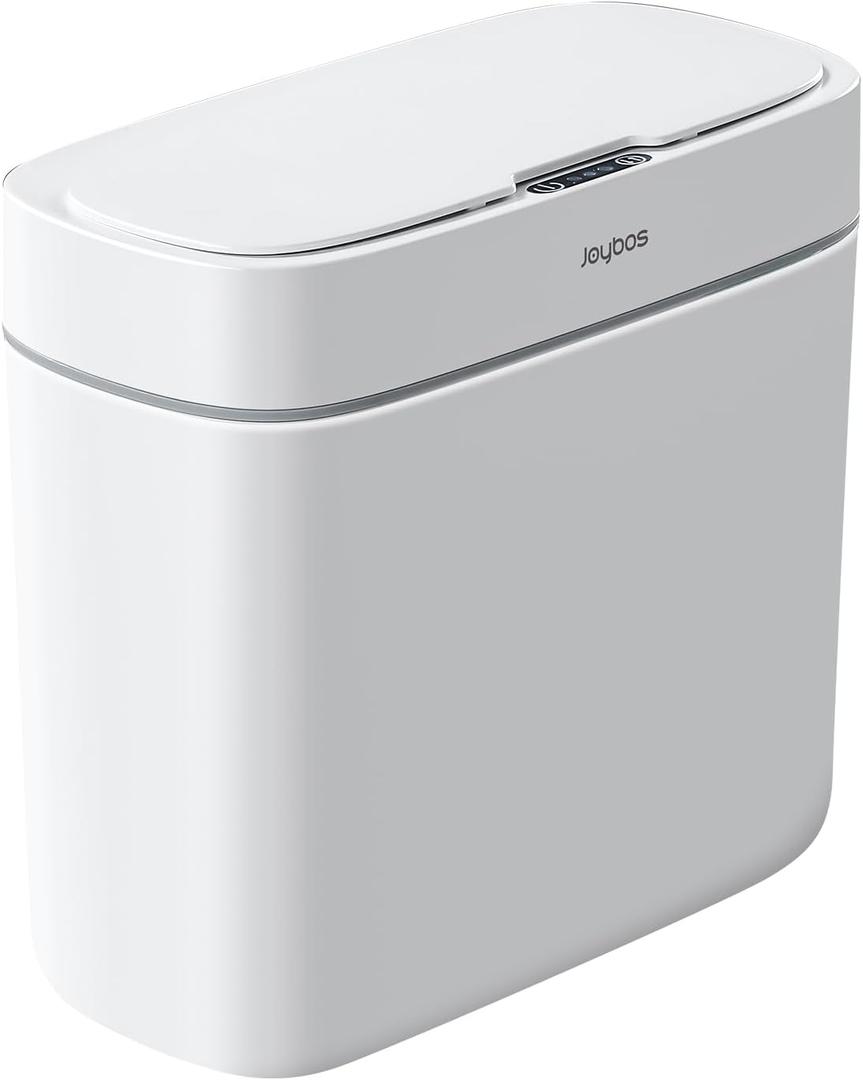 JOYBOS Bathroom Trash Can,3 Gallon Waterproof Automatic Small Bathroom Garbage Can with Lid, Slim Motion Sensor Plastic Narrow Trash Bin for Bedroom, Kitchen, Office,RV White