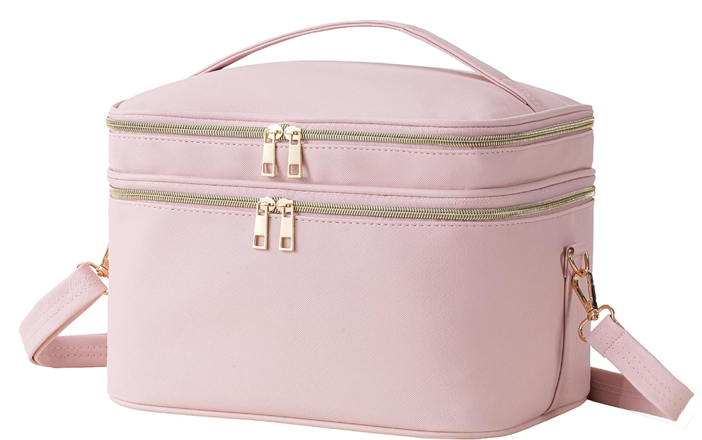 HBlife Extra Large Double Layer Travel Makeup Bag Portable Leather Cosmetic Bag Make Up Bag Makeup Case Organizer Toiletry Bag for Women Girls with Handle, Removable Divider and Shoulder Strap(Pink)
