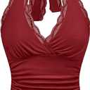 WDIRARA Women's Leopard Print Ruched Halter Crop Tops V Neck Tie Back Sleeveless Slim Fit Cami Tops (Large, Burgundy Lace)