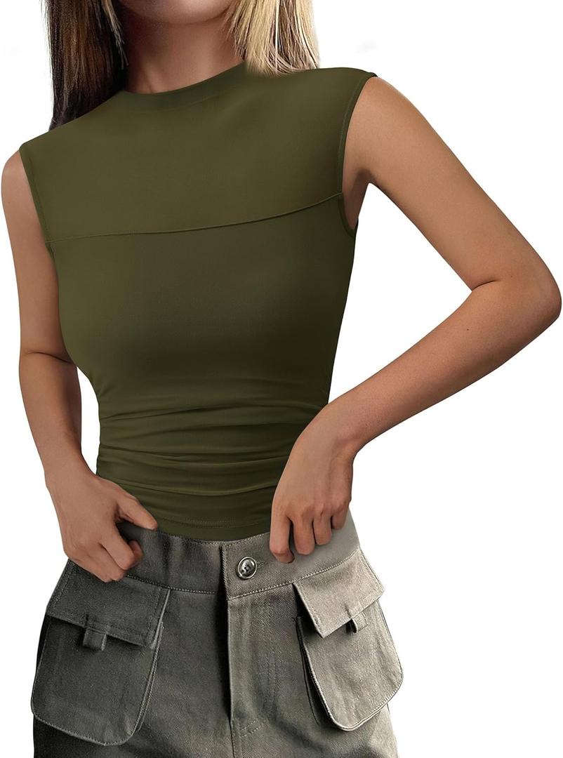 PRETTYGARDEN Women's Summer Sheer Mesh Tank Tops 2025 Trendy Casual Sleeveless Mock Neck Ruched Slim Fitted Going Out Shirts (X-Large, Army Green)