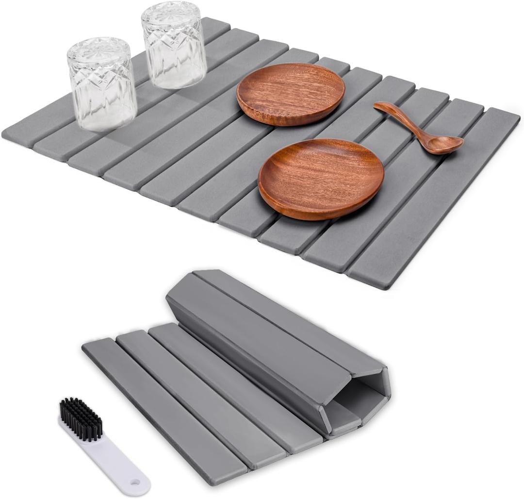 Foldable Stone Dish Drying Mat for Kitchen Counter,24"16"Fast Dry Pad Absorbent Countertop Mat, Heat-resistant Mat,Diatomaceous Earth Mats,Gray
