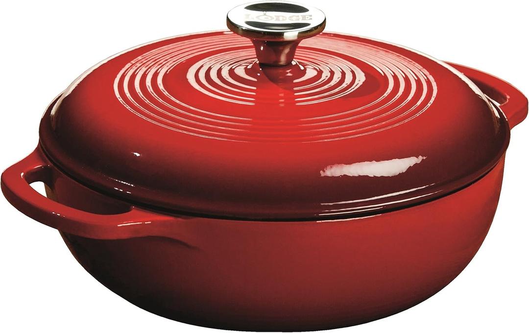 Lodge 3 Quart Enameled Cast Iron Dutch Oven with Lid Dual Handles Oven Safe up to 500 F or on Stovetop - Use to Marinate, Cook, Bake, Refrigerate and Serve Island Spice Red