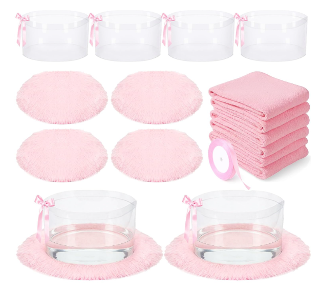 18 Pcs Foot Spa Kit for Spa Sleepover Party Supplies with 6 Foldable Foot Soaking & 6 Towels & 6 Floor Mats Matching Ribbon for Women Gift (Pink)