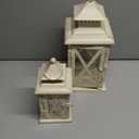 Lanterns Decorative Outdoor&Indoor, Set of 2 (14"&10") Beige Metal Lantern Decor with Glass, Candle Holder for Porch, Patio, Garden, Balcony, Wedding, Table Centerpiece