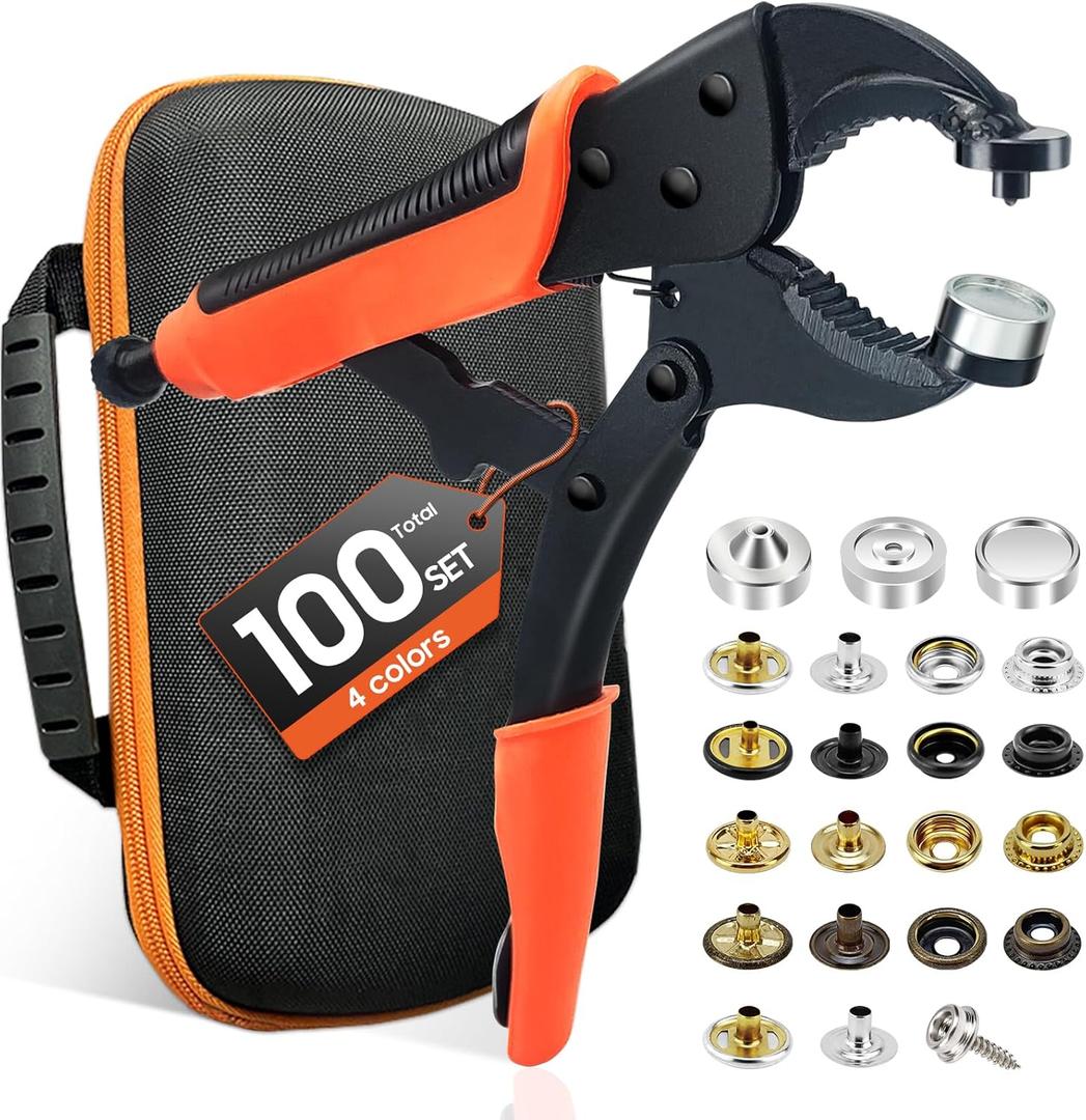 Heavy Duty Snap Fastener Tool kit, Punching Function, Snap Button Tool with Adjustable Setter, 15mm snap Tool with 100 Sets Boat Cover Snaps (Orange)