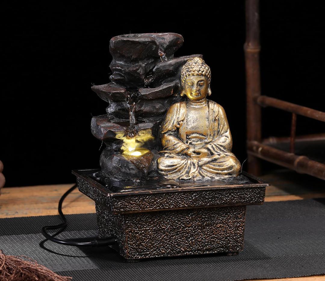 Tabletop Water Fountain Buddha Statue Desktop Indoor Waterfall Fountain Tabletop Humidifiers Home Decoration for Office, Living Room, or Bedroom (Style1)
