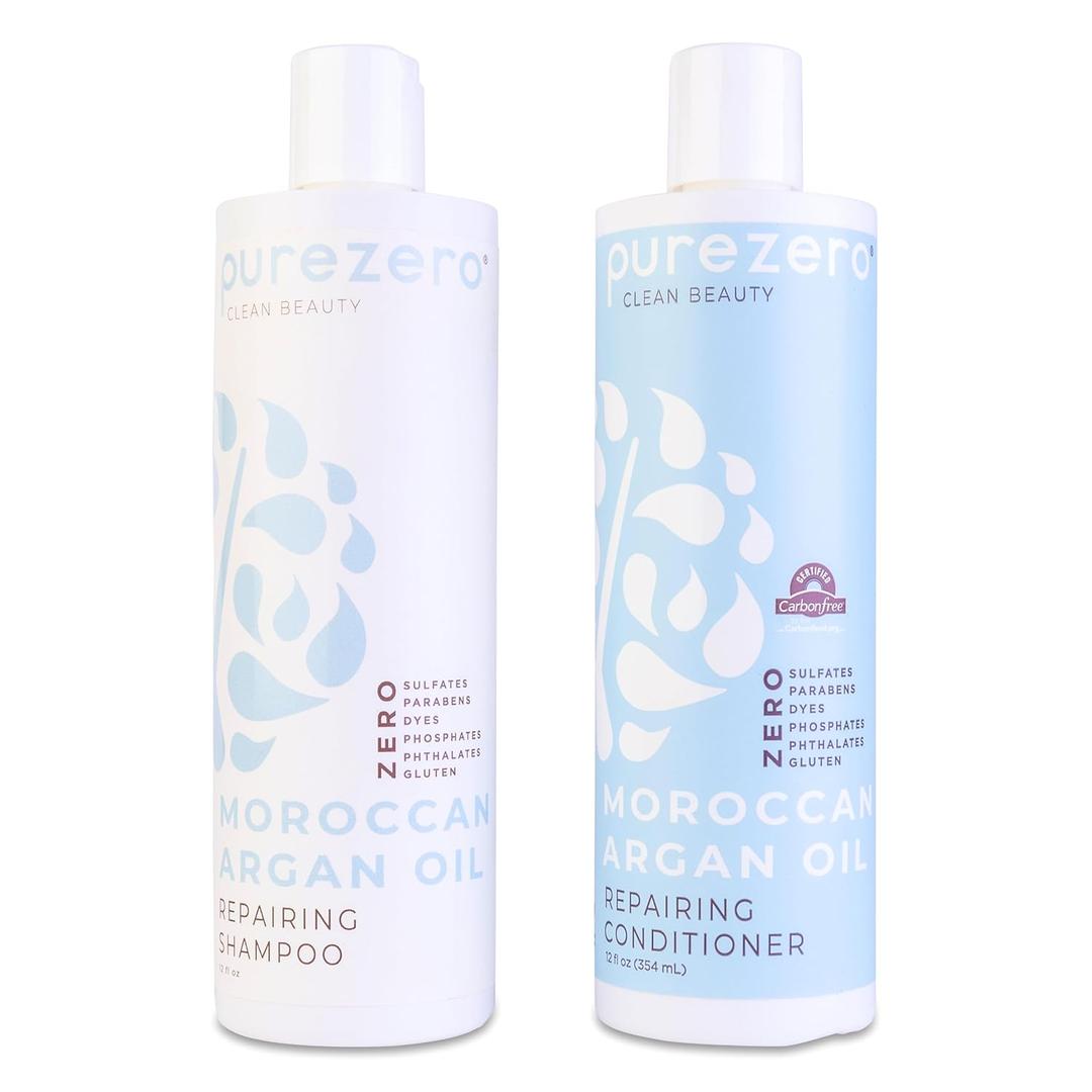 Purezero Moroccan Argan Oil Shampoo & Conditioner set - Repair Damaged Hair - Fight Dandruff & Frizz - Zero Sulfates, Parabens, Dyes, Gluten - 100% Vegan & Cruelty Free - Great For Color Treated Hair (12 Fl Oz (Pack of 2))