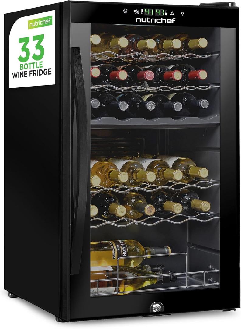 Nutrichef 33 Bottle Wine Fridge | Dual Zone Wine Cooler | Adjustable Temperature Control 41F to 64F | Ultra Quiet Operation | Freestanding Wine Chiller for Home & Office | 33x19x17 IN
